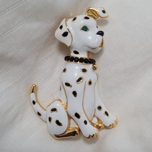 Vintage Enamel Dalmation Dog Pin Brooch Emerald Green Eyes Rhinestone Collar